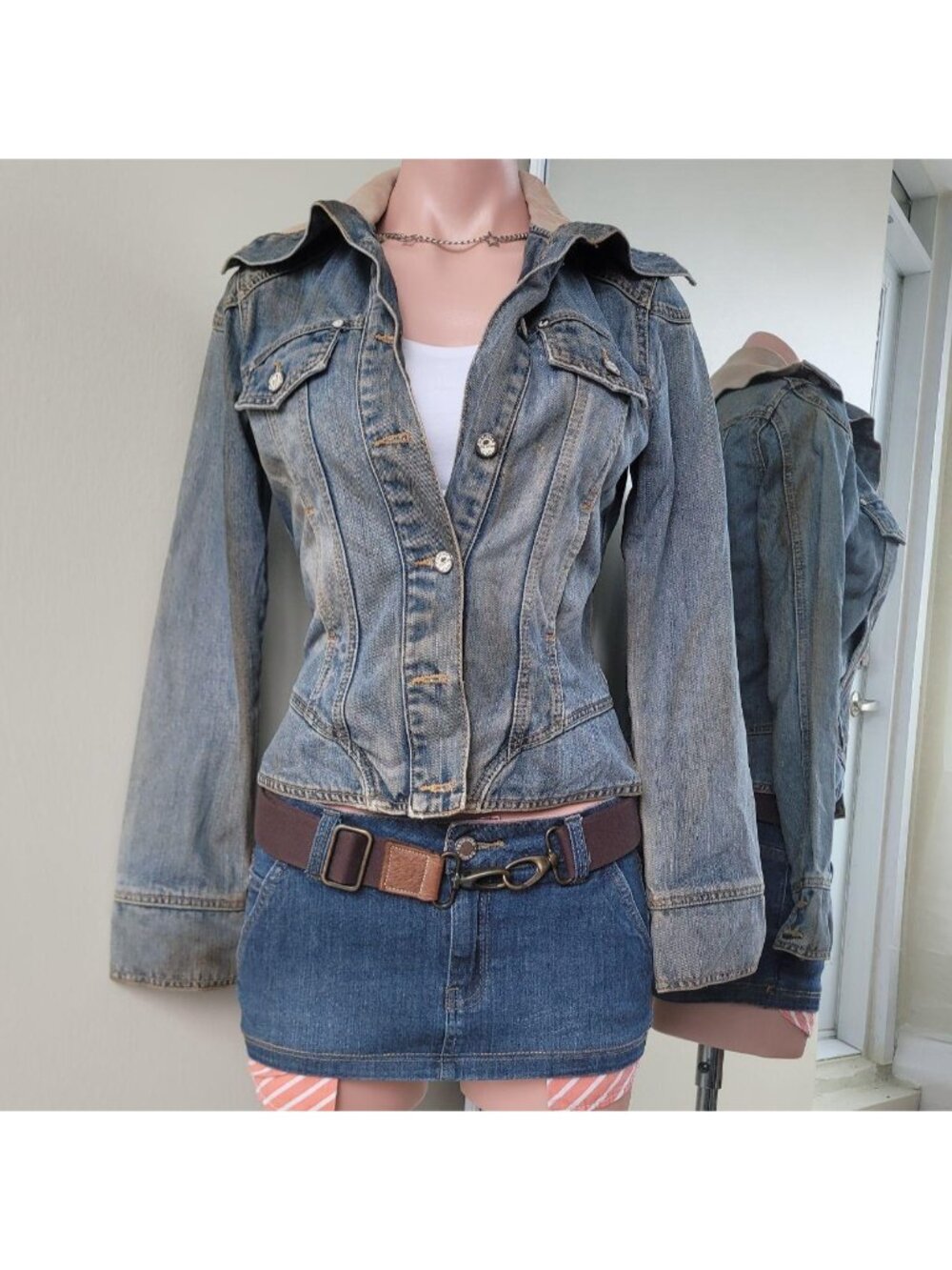 Ribbed Fitted Y2k Vintage Denim Jean Jacket (One Size)